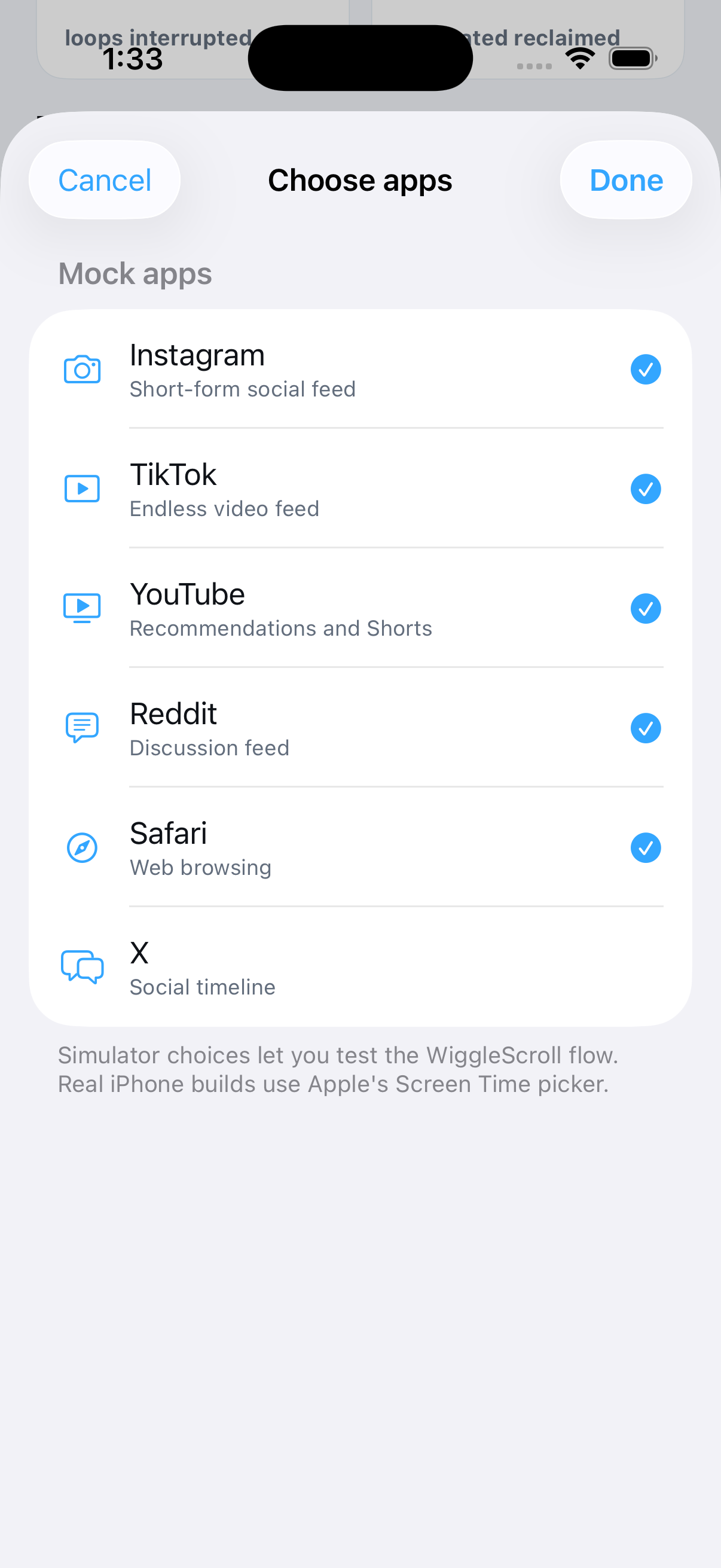 Protected-app picker in WiggleScroll